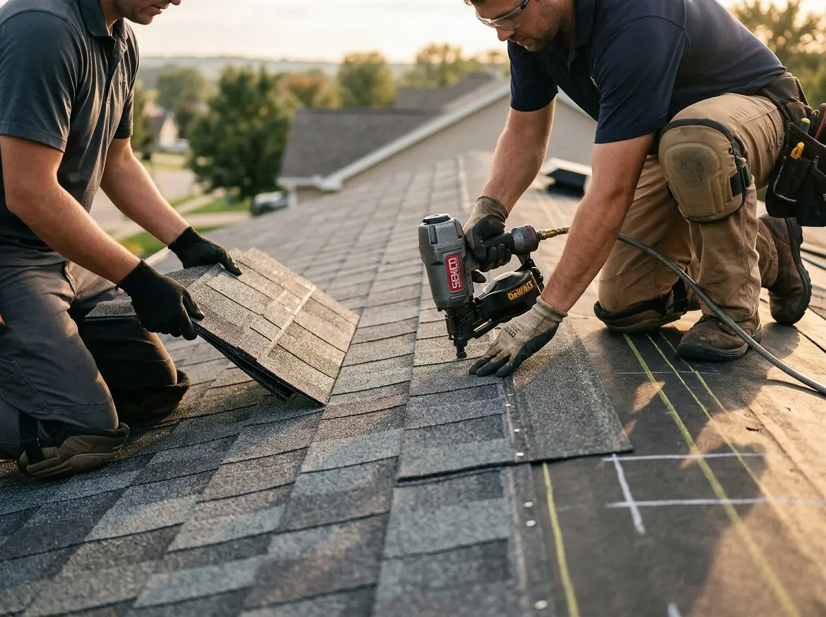 Professional roofer working on a residential roof in Lakeland